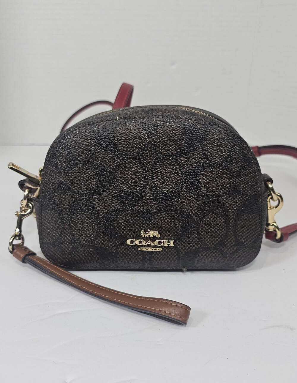 Coach Brown Signature Mini Crossbody with Red Strap